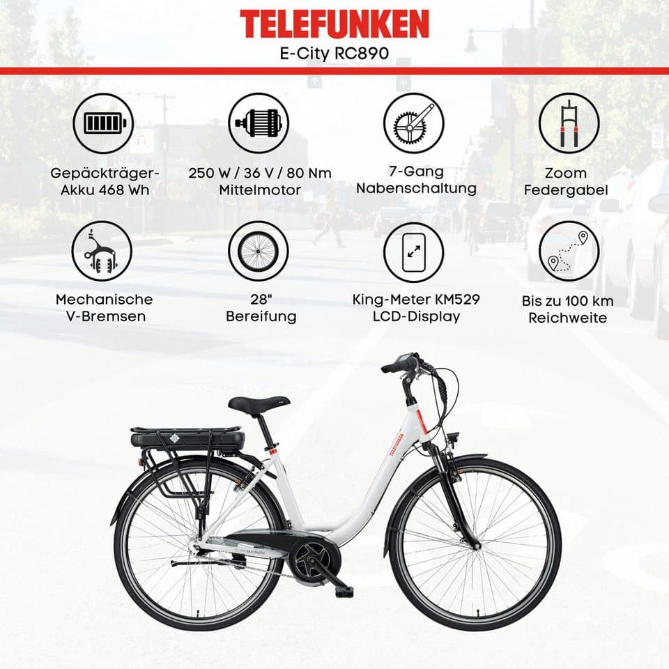 Telefunken E-Bike Cityrad Multitalent RC890, 7 Gang Shimano Nexus Schaltwerk, Mittelmotor, 468 Wh, Pedelec, Elektrofahrrad für Damen u. Herren - Thumbnail 5