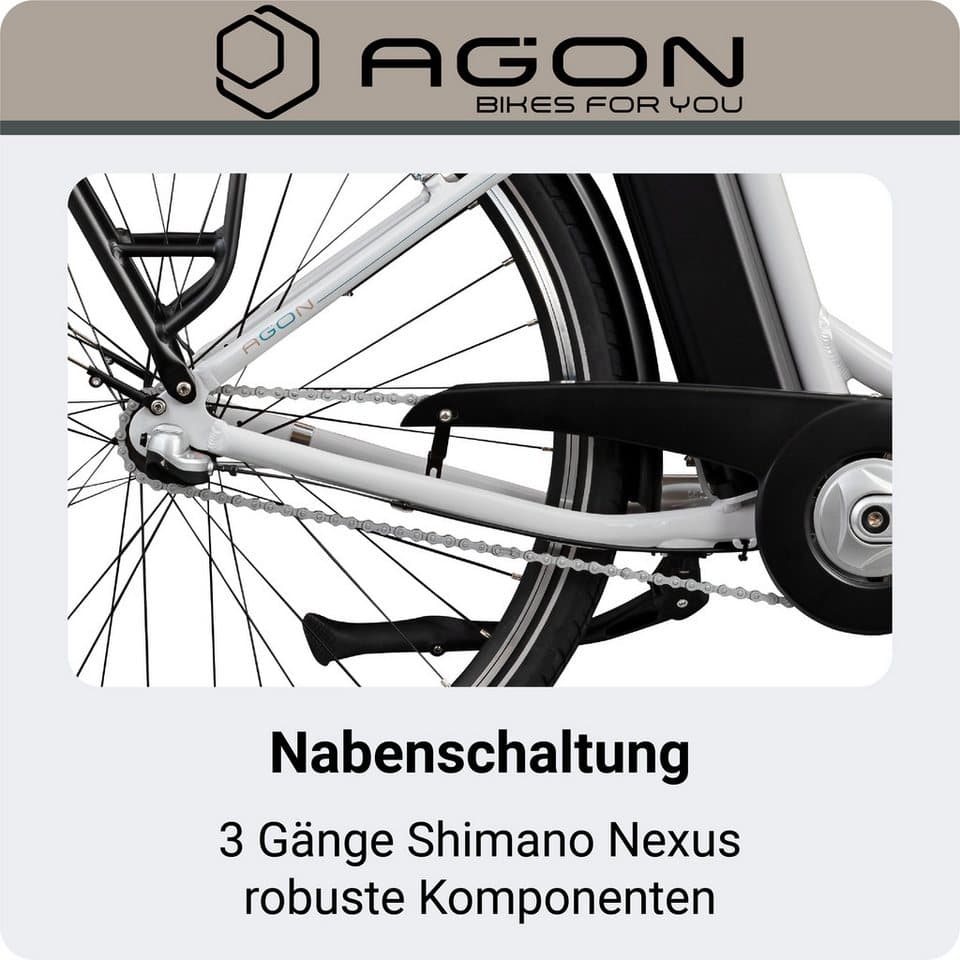 AGON E-Bike Cityrad Aurora, 3 Gang, Nabenschaltung, Frontmotor, 536 Wh, Pedelec, Elektrofahrrad für Damen u. Herren - Thumbnail 6