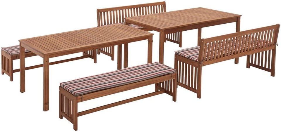 MERXX Garten-Essgruppe Hawaii, (4x Bänke, 2x Tische, 4x Sitzkissen), Akazienholz FSC® 100 % - Bild 1
