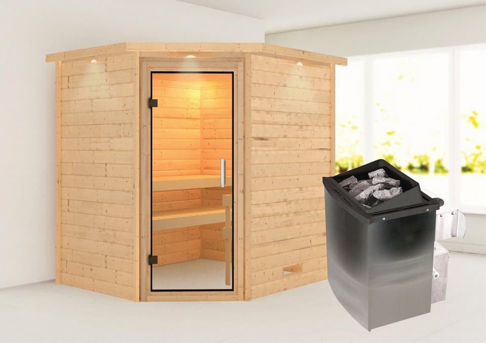 Karibu Sauna Mia (Fronteinstieg), BxTxH: 2240 x 1840 x 2020 cm, 38 mm, Ofen 9 kW integr. Strg