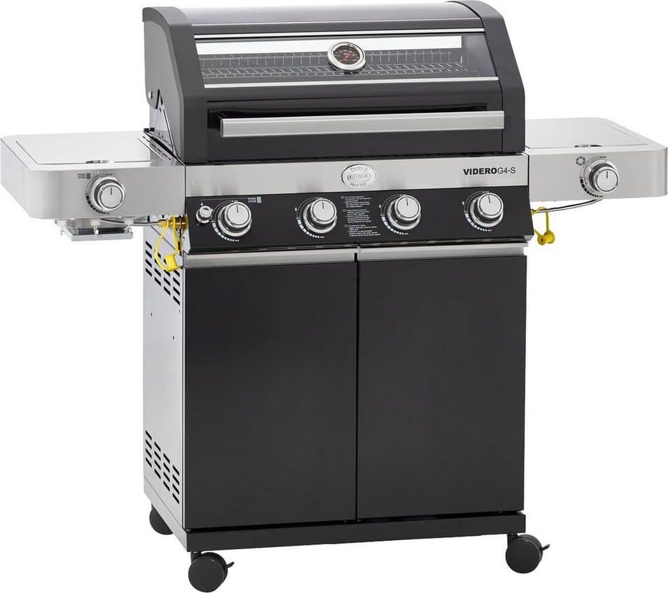 RÖSLE Gasgrill BBQ-Station VIDERO, 25524, G4-S Schwarz, 4 Brenner, extra Primezone und Seitenbrenner, VARIO+
