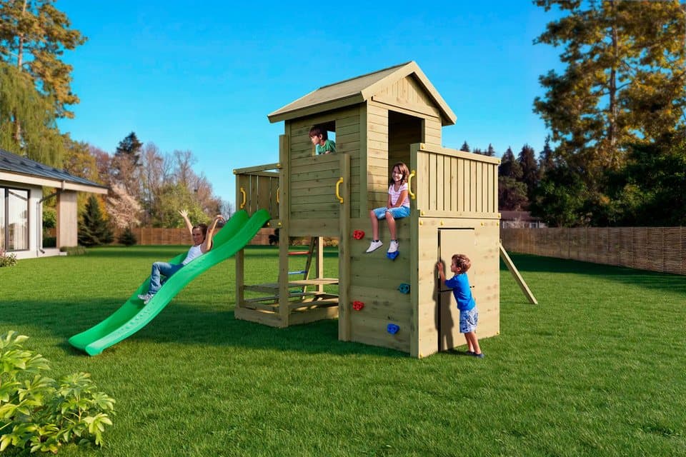 FUNGOO Spielturm Multifort, mit Haus, Veranda, Rutsche und Schaukel, Made in Europe - Thumbnail 4