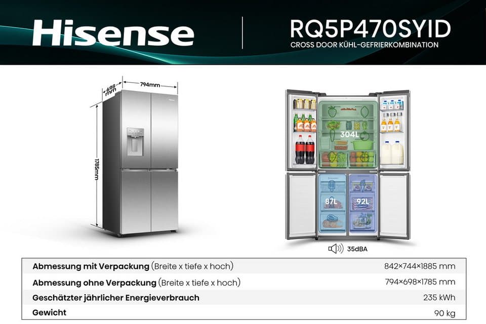 Hisense Multi Door RQ5P470SYID, 178,5 cm hoch, 79,4 cm breit, Wasser-/Eisspender, Total NoFrost, Metal Cooling - Thumbnail 18
