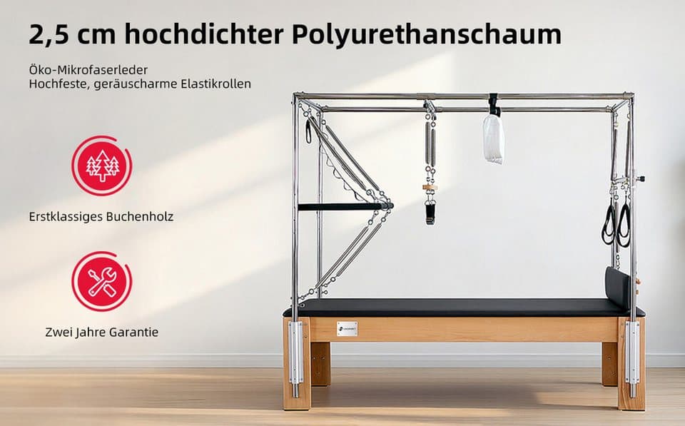 JASPORT Pilates-Reformer K80 Cadillac 2-in-1 aus Buchenholz bis 150 kg für Zuhause & Studio, (1x Pilates Reformer Cadillac K80, 1x Konvertermatte), 2-in-1 Reformer & Cadillac, Buchenholzrahmen, Edelstahlkonstruktion - Thumbnail 11