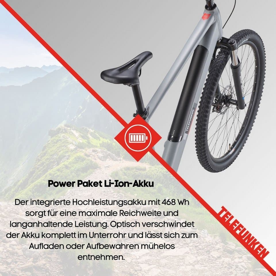 Telefunken E-Bike Mountainbike Aufsteiger M921, 7 Gang Shimano, Kettenschaltung, Heckmotor, 468 Wh, (29 Zoll, Scheibenbremsen), Pedelec, Elektrofahrrad für Damen u. Herren, MTB - Thumbnail 6