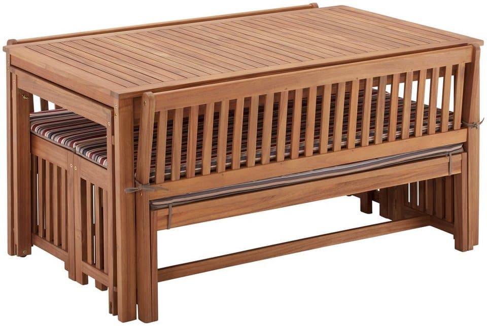 MERXX Garten-Essgruppe Hawaii, (4x Bänke, 2x Tische, 4x Sitzkissen), Akazienholz FSC® 100 % - Thumbnail 4