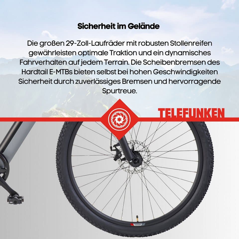 Telefunken E-Bike Mountainbike Aufsteiger MT922, 7 Gang Shimano TY300D Schaltwerk, Kettenschaltung, Heckmotor, 489,6 Wh, Pedelec, Elektrofahrrad, Damen u. Herren, E-MTB, Mountainbike, 29 Zoll - Thumbnail 10
