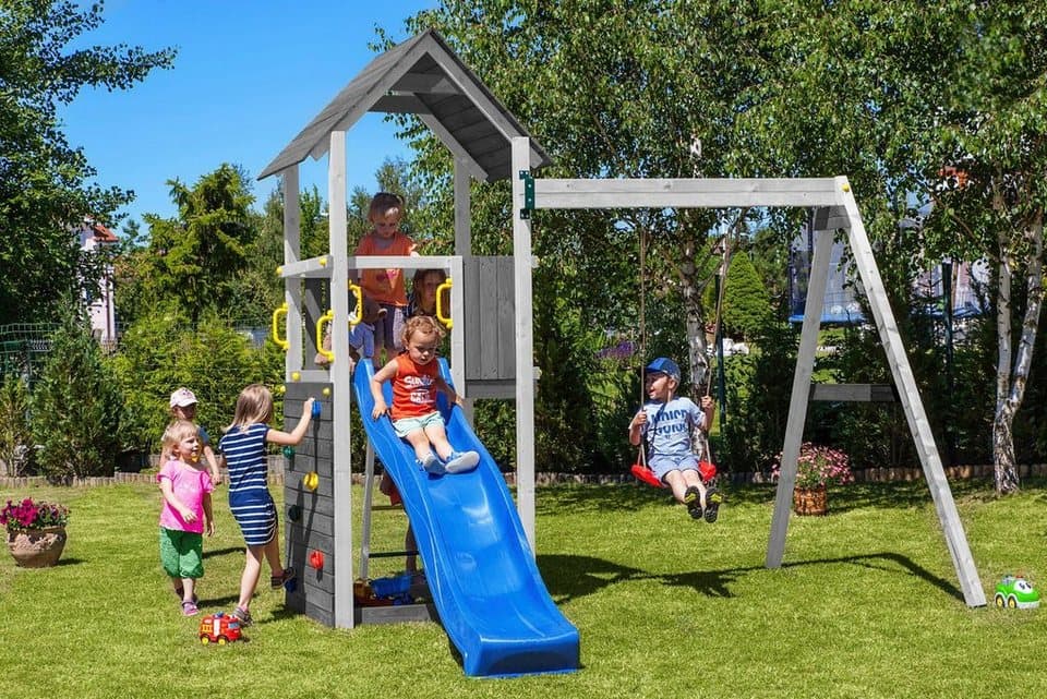 FUNGOO Spielturm CAROL2 Grey White, mit Schaukel & Rutsche, Kletterwand - Bild 1