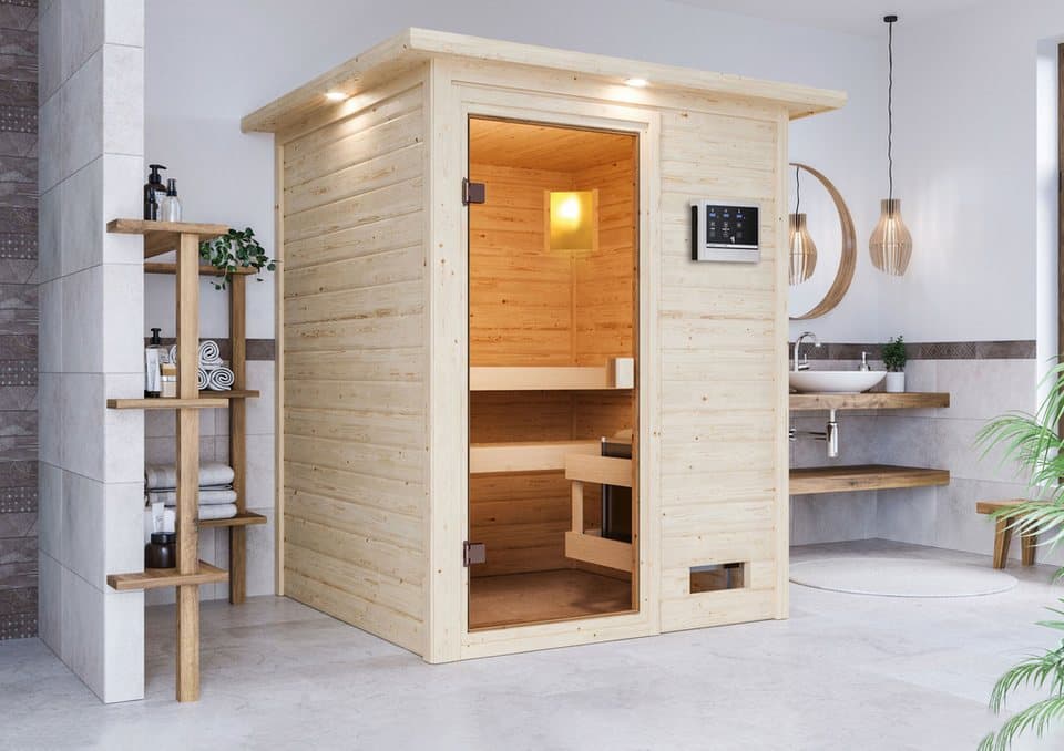 Karibu Sauna "Sandy" mit bronzierter Tür und Kranz, Ofen 9 kW, naturbelassen, BxTxH: 173 x 159 x 191 cm, 38 mm, aus hochwertiger nordischer Fichte und 9 kW Ofen mit integr. Steuerung