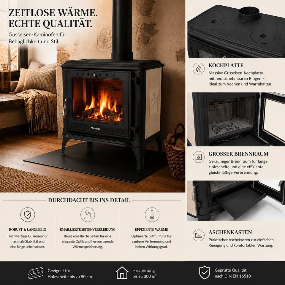 Hanseatic Kaminofen Castor XXL Beige, 10,6 kW, Zeitbrand, Großer Feuerraum - Thumbnail 3