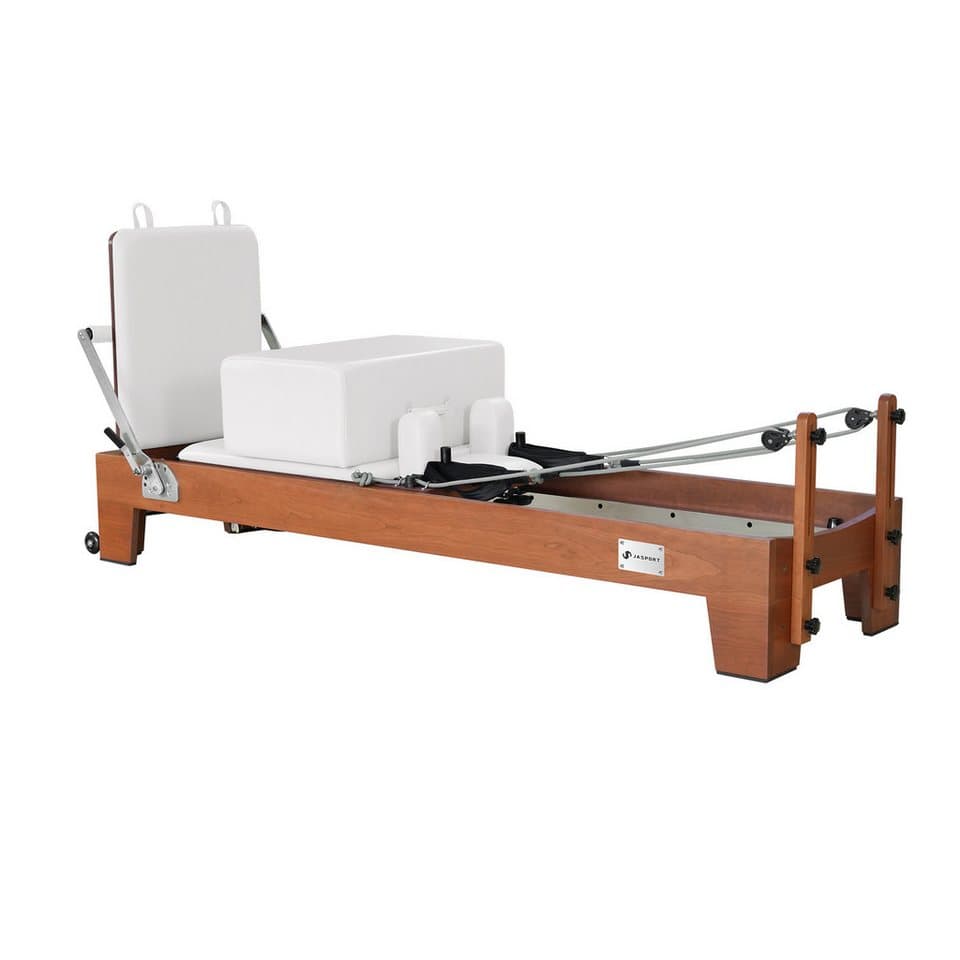 JASPORT Pilates-Reformer Hochwertige Holz-Reformer Serie für Pilates-Studios, (Inklusive Zubehör, Reformer-Set), Human-Bearing-System, Geräuscharme Rollen, Dreistufige Federplatte - Thumbnail 3