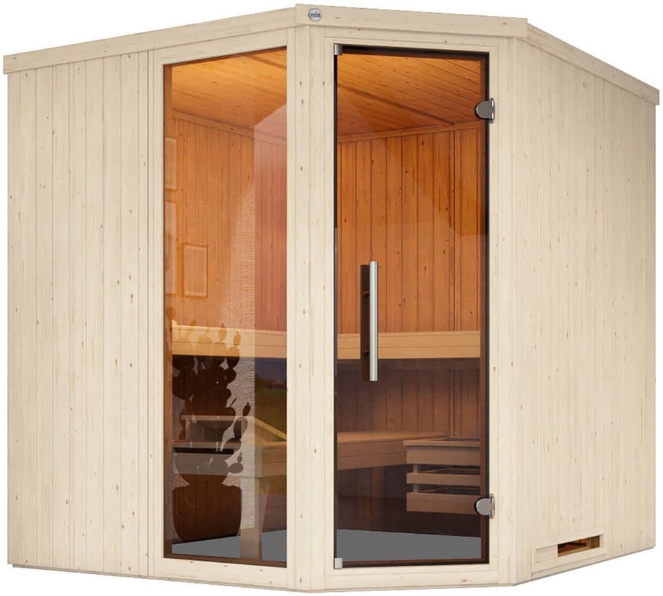 weka Sauna Element-Ecksauna VARBERG 3, BxTxH: 194 x 194 x 199 cm, 38 mm, vorgefertigte Elemente, moderne Ganzglastür, bodenl. Fensterelement - Bild 1