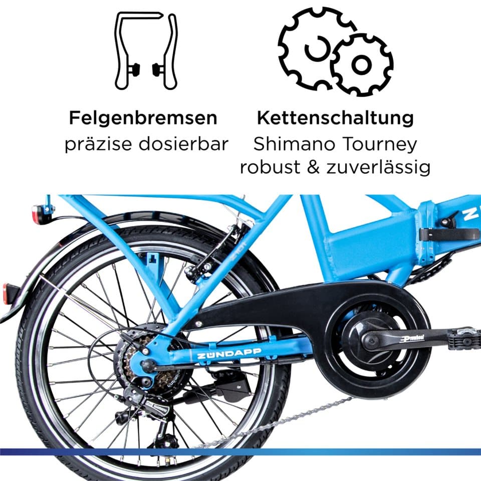 Zündapp E-Bike Faltrad Z101, 6 Gang Shimano Tourney RD-TY300 Schaltwerk, Kettenschaltung, Heckmotor, 270 Wh, Pedelec, Elektrofahrrad für Damen u. Herren - Thumbnail 7