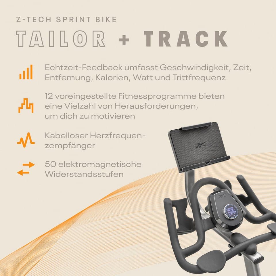 Reebok Speedbike Z-Tech Speedbike (mit Tablet-Halterung), 150 kg max. Benutzergewicht, Fahrrad, 50 Widerstandsstufen - Thumbnail 23