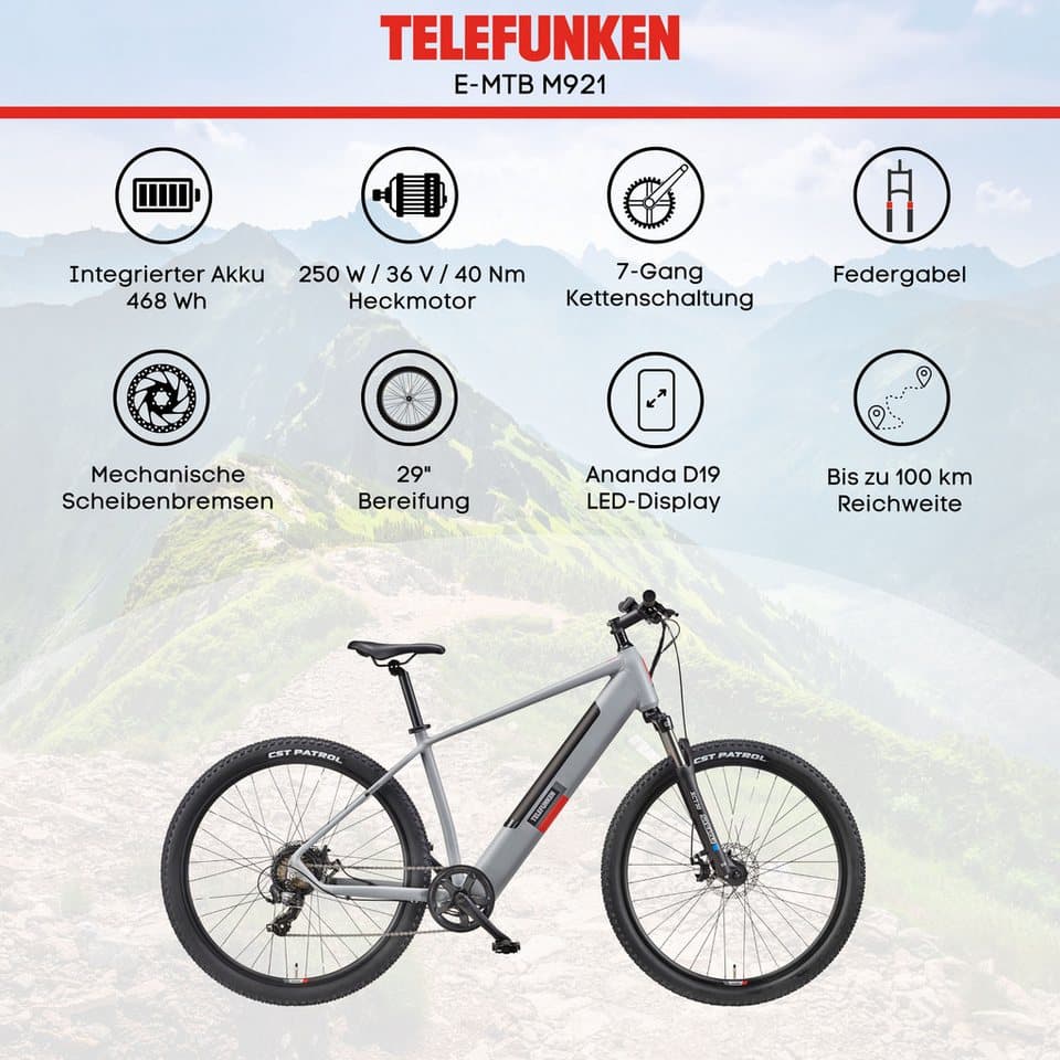 Telefunken E-Bike Mountainbike Aufsteiger M921, 7 Gang Shimano, Kettenschaltung, Heckmotor, 468 Wh, (29 Zoll, Scheibenbremsen), Pedelec, Elektrofahrrad für Damen u. Herren, MTB - Thumbnail 5