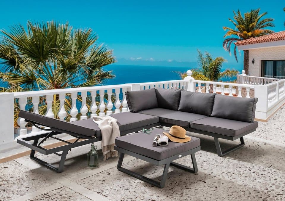 Destiny Gartenlounge-Set MANHATTAN Set, Tisch 70x70x30cm, anthrazit, (Set, 13-tlg., 2 Schenkel, Kopfteil verstellb. Inkl. Polster, 1 Tisch), Aluminium, Textilene - Thumbnail 5