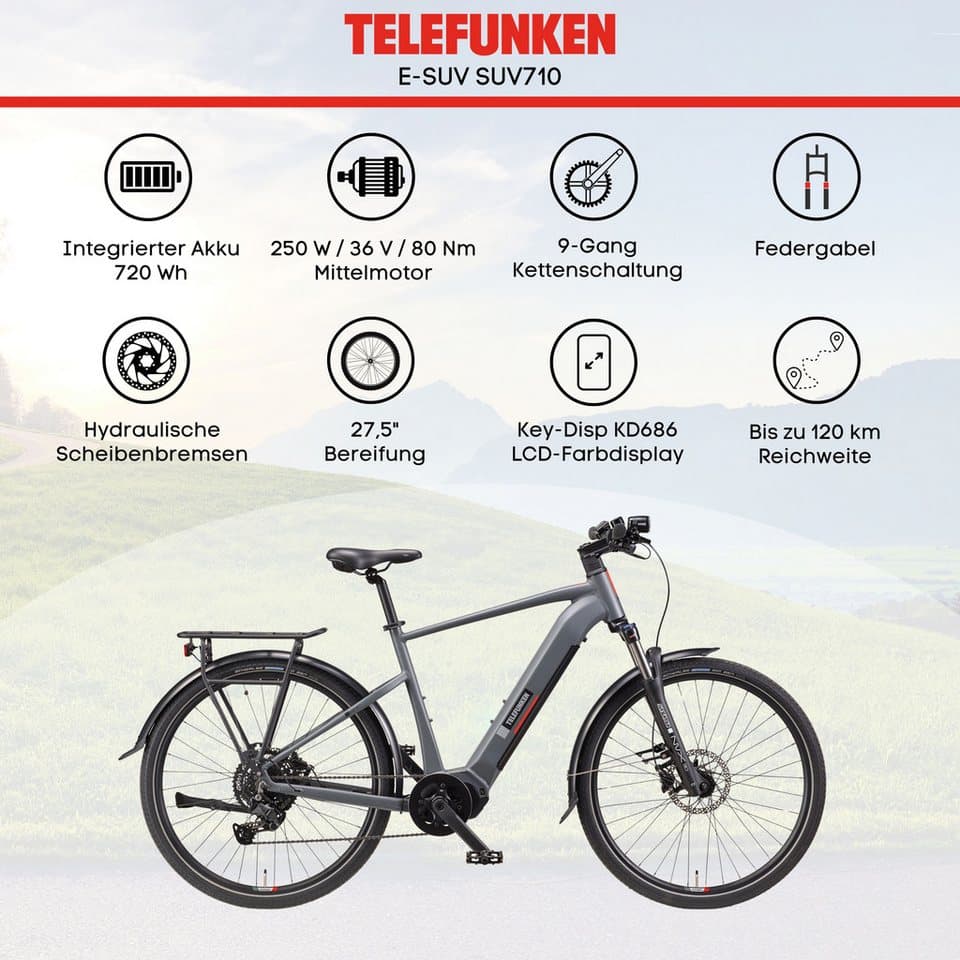 Telefunken E-Bike Cityrad SUV710, 9 Gang Shimano, Kettenschaltung, Mittelmotor, 720 Wh, (27,5 Zoll, Straßenzulassung, Scheibenbremsen), Pedelec, Elektrofahrrad für Herren u. Damen, Trekkingrad - Thumbnail 6