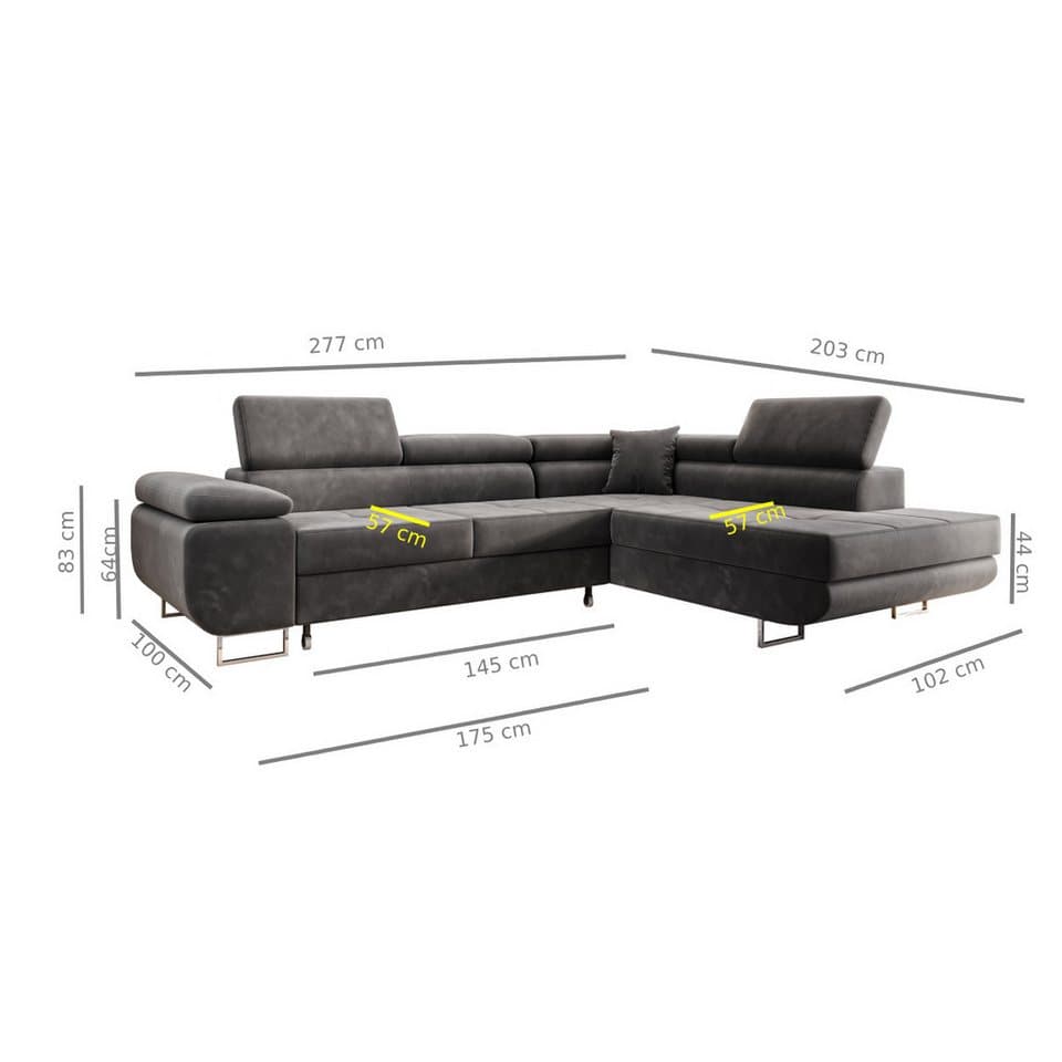 M-Punkt24 Ecksofa MIAMI TILIA, Cordstoff Grau Anthrazit, Ottomane rechts oder links, Kopfteilverstellung, Bettkasten - Thumbnail 9
