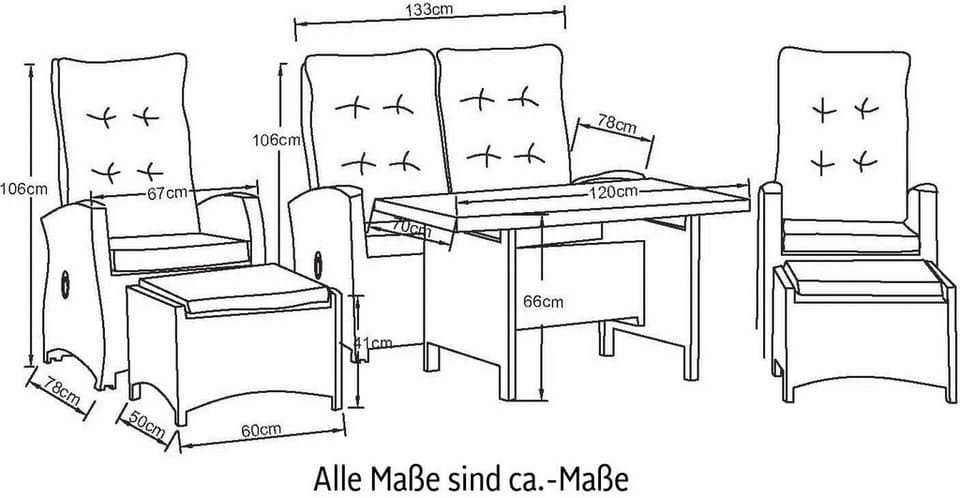 KONIFERA Garten-Essgruppe Monaco, (Set, 16-tlg., 1x2er Sofa, 2x Sessel, 2x Hocker, 1x Tisch 120x70x66cm, inkl. Auflagen), Polyrattan, Aluminium, Rückenlehne verstellbar, Grau - Thumbnail 25