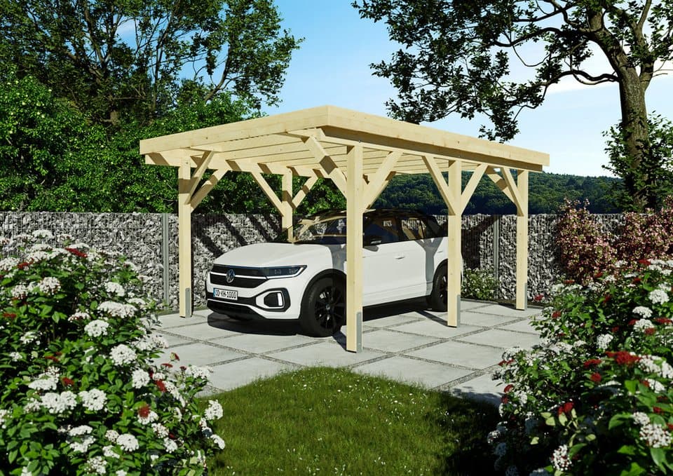 KONIFERA Einzelcarport Saturn I, BxT: 344x500 cm, 222 cm Einfahrtshöhe, Bausatz, Leimholz naturbelassen, PET-Flachdach lichtdurchlässig