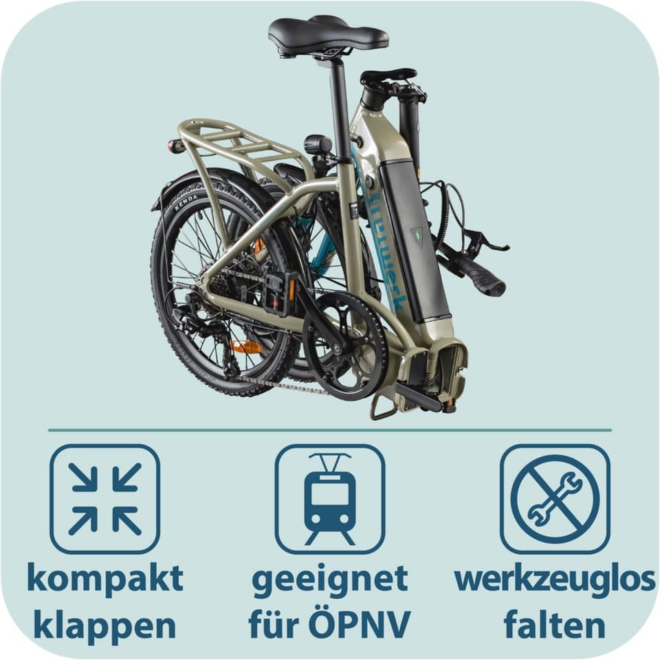 Tretwerk E-Bike Faltrad Camper, 7 Gang Shimano Tourney TY300 Schaltwerk, Kettenschaltung, Heckmotor, 468 Wh - Thumbnail 5