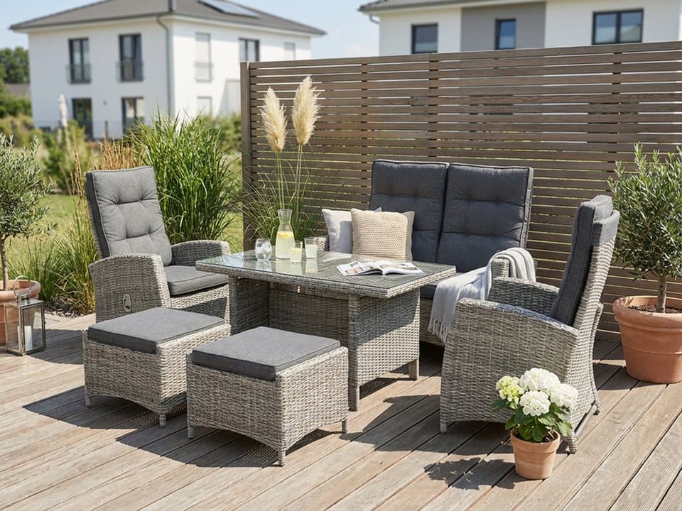 KONIFERA Garten-Essgruppe Monaco, (Set, 16-tlg., 1x2er Sofa, 2x Sessel, 2x Hocker, 1x Tisch 120x70x66cm, inkl. Auflagen), Polyrattan, Aluminium, Rückenlehne verstellbar, Grau - Bild 1