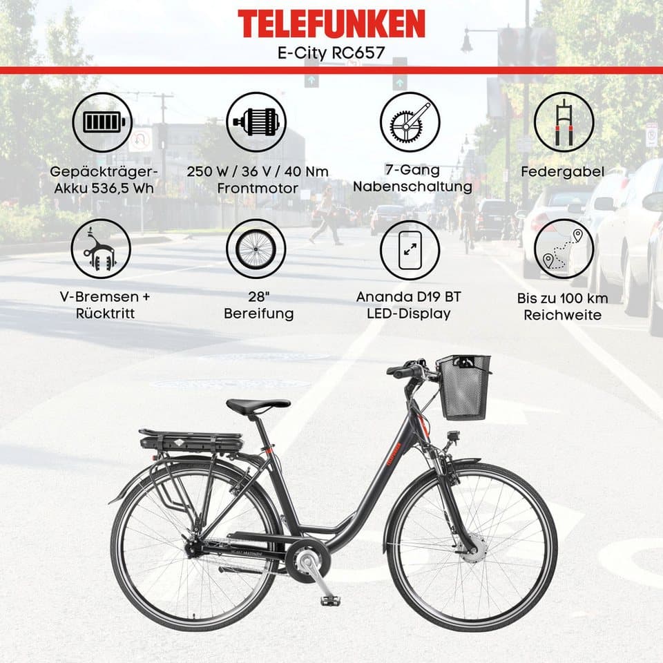 Telefunken E-Bike Cityrad Multitalent RC657, 7 Gang Shimano Nexus Schaltwerk, Nabenschaltung, Frontmotor, 536,5 Wh, Pedelec, Elektrofahrrad für Damen u. Herren - Thumbnail 5