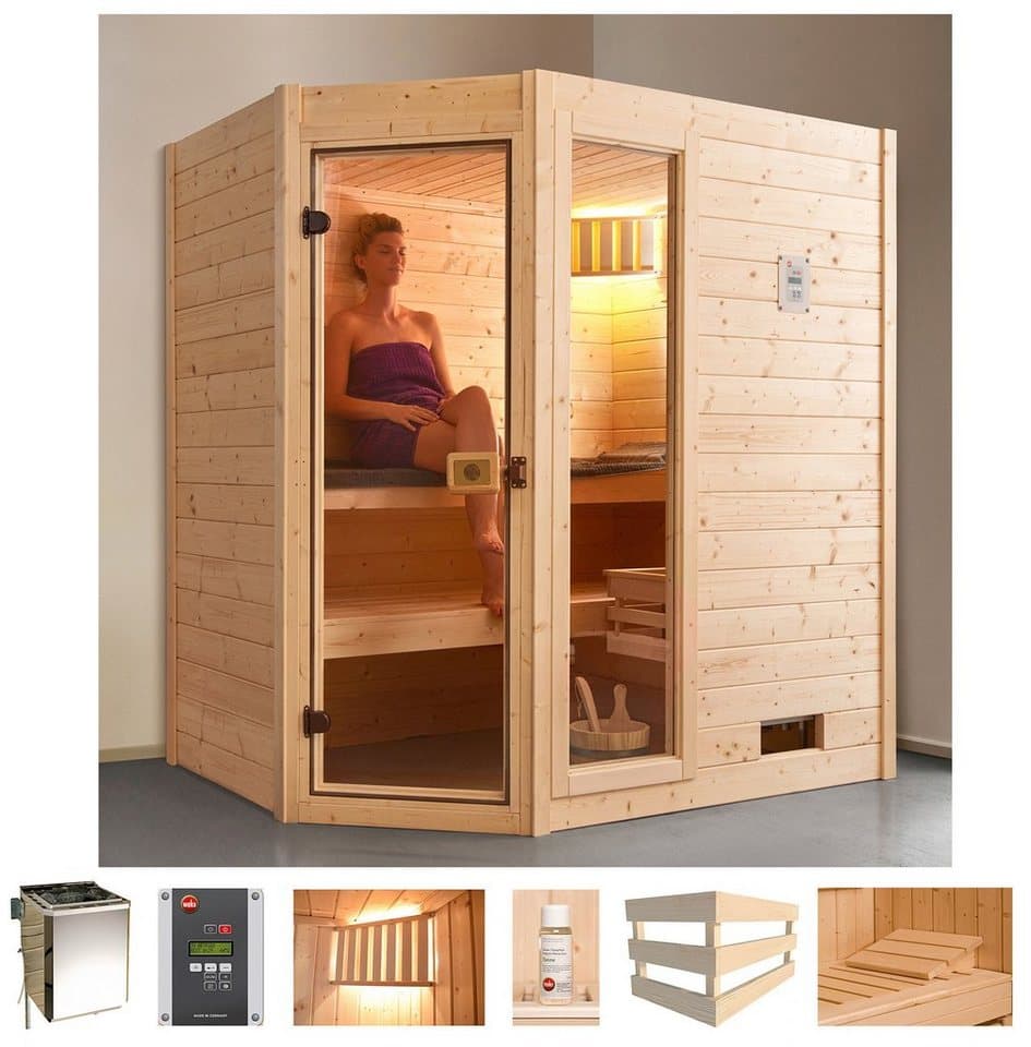 weka Sauna Valida Eck 1, BxTxH: 189 x 139 x 203,5 cm, 38 mm, 4,5 kW Bio-Kombiofen mit ext. Strg., Fenster - Bild 1