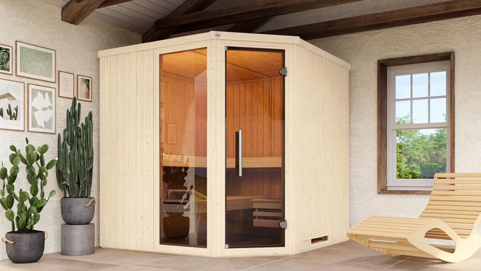 weka Sauna Element-Ecksauna VARBERG 3, BxTxH: 194 x 194 x 199 cm, 38 mm, vorgefertigte Elemente, moderne Ganzglastür, bodenl. Fensterelement - Thumbnail 2