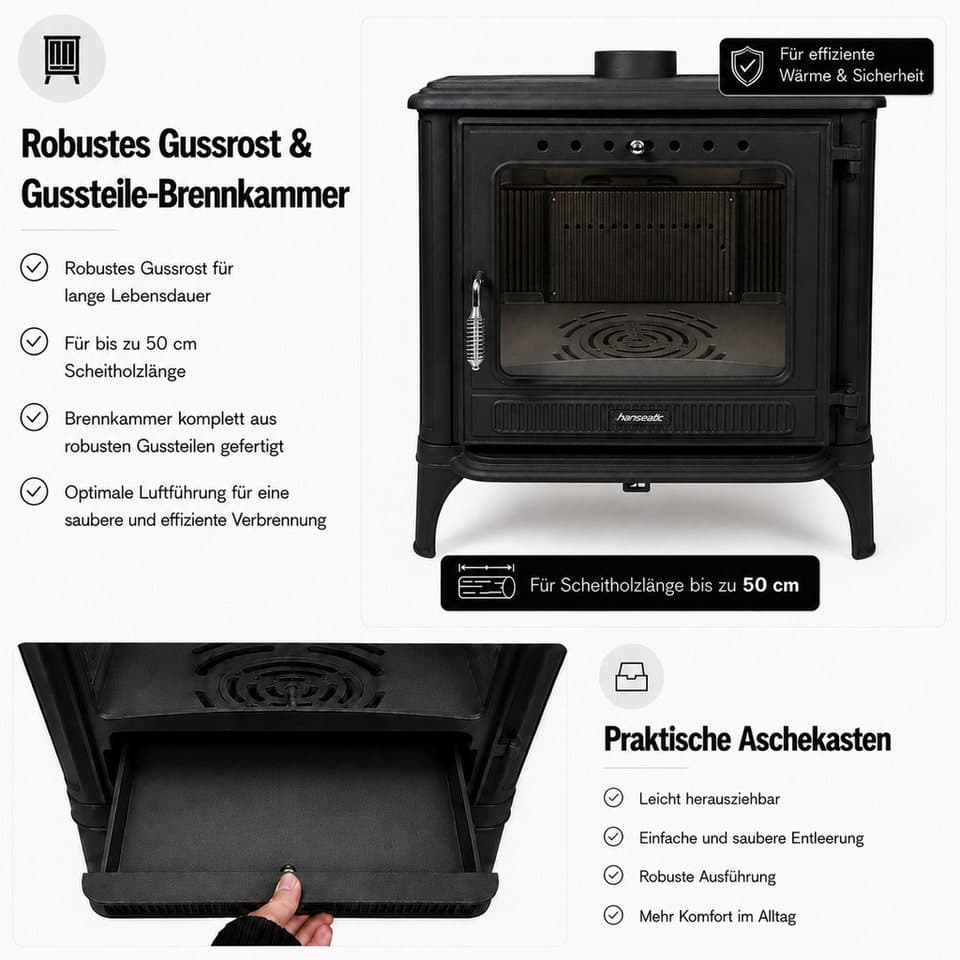 Hanseatic Kaminofen Castor XXL Beige, 10,6 kW, Zeitbrand, Großer Feuerraum - Thumbnail 6