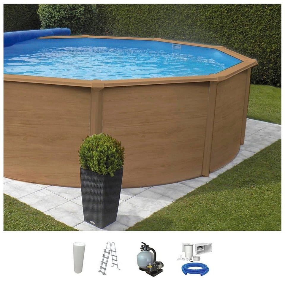 KWAD Rundpool Wood Design, inkl. Sicherheitsleiter und Zubehör (Set, 5-tlg), 5-tlg., H: 132 cm, sandfarbene Innenfolie - Bild 1