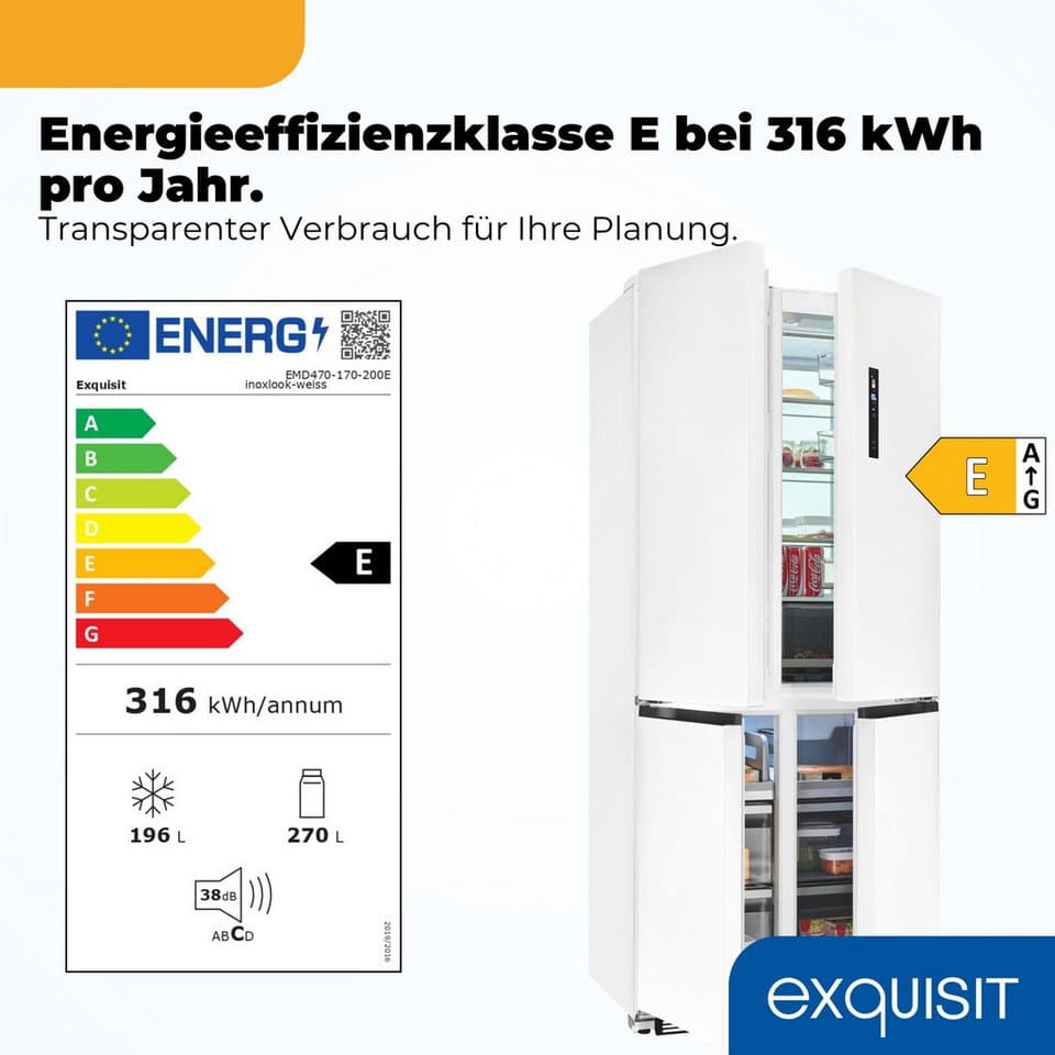 exquisit Multi Door EMD470-170-200E inoxlook-weiss, 193 cm hoch, 84 cm breit, Nie mehr abtauen – No-Frost & Umluft für perfekte Kühlung - Thumbnail 2