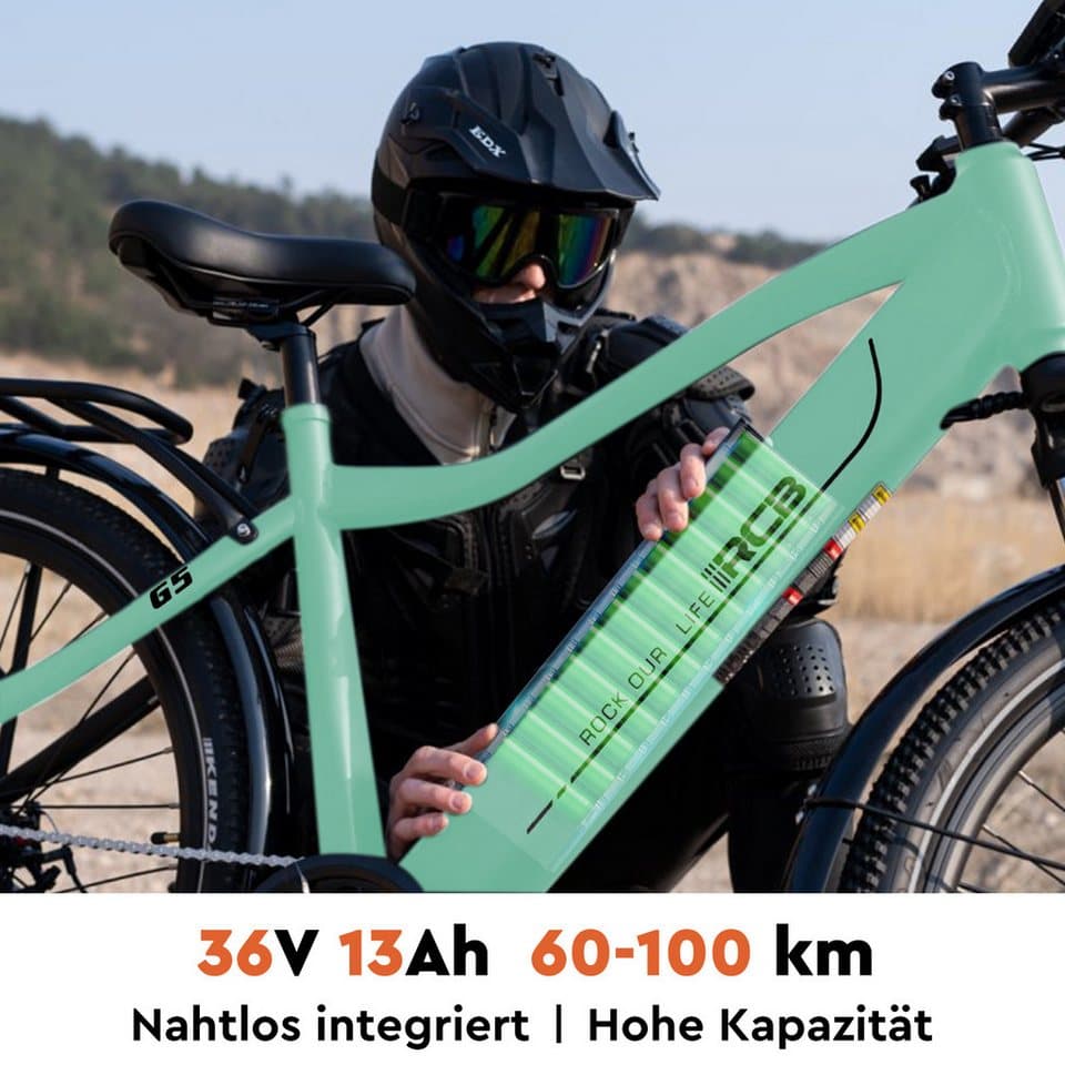 RCB E-Bike Pedelec G5 für Stadt und Gelände,27,5Zoll Herren Elektrofahrrad,13Ah,60-100 km, 7 Gang, Kettenschaltung, Heckmotor, 468 Wh, APP&NFC,ebike Herren,Gepäckträger hinten,max. Geschwindigkeit: 25 km/h - Thumbnail 2