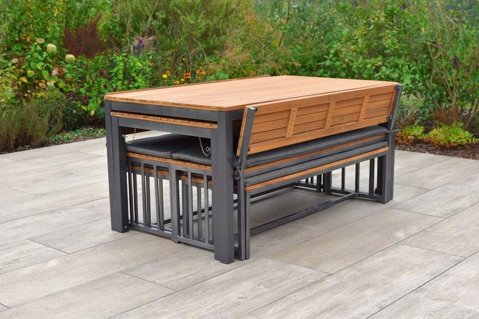 MERXX Garten-Essgruppe Milos, (Set, 10-tlg., 4 Bänke (2x mit und 2x ohne Rückenlehne), 2 Tische, 4 Sitzkissen), Set ist komplett ineinander verstaubar, geeignet für 12 Personen - Thumbnail 2