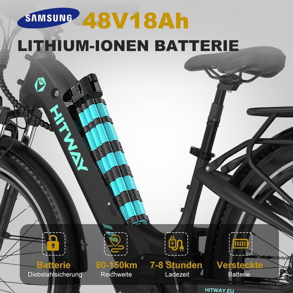HITWAY E-Bike Pedelec 26 *3,0 zoll Elektrofahrrad mit Samsung 48V18Ah Akku bis zu 120km, 7 Gang shimano shimano Schaltwerk, Kettenschaltung, Heckmotor, 864 Wh, StVZO Pedelec, Tiefeinstieg für Damen Herren mit APP Funktion - Thumbnail 2