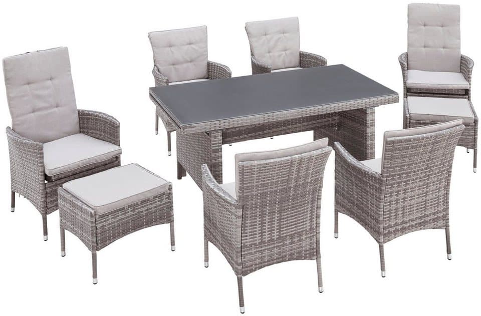 KONIFERA Garten-Essgruppe Parla, (Set, 21-tlg., 6xSessel, 1x AZ-Tisch 150-242,5cm,2x Hocker,inkl. Auflagen, Polyrattan), 2 der 6 Sessel sind verstellbar, Grau, Tischplatte aus Sicherheitsglas - Thumbnail 2