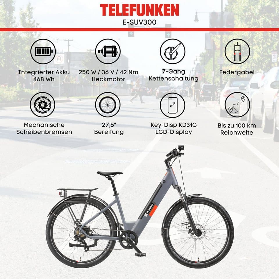 Telefunken E-Bike Cityrad E-City SUV300, 7 Gang Shimano Tourney Schaltwerk, Kettenschaltung, Heckmotor, 468 Wh, Pedelec, Elektrofahrrad, Damen u. Herren, innerhalb StVZO, 27,5 Zoll - Thumbnail 5