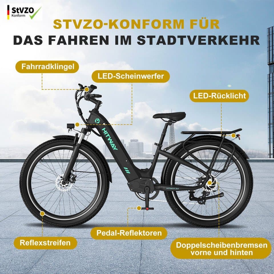 HITWAY E-Bike Pedelec 26 *3,0 zoll Elektrofahrrad mit Samsung 48V18Ah Akku bis zu 120km, 7 Gang shimano shimano Schaltwerk, Kettenschaltung, Heckmotor, 864 Wh, StVZO Pedelec, Tiefeinstieg für Damen Herren mit APP Funktion - Thumbnail 7