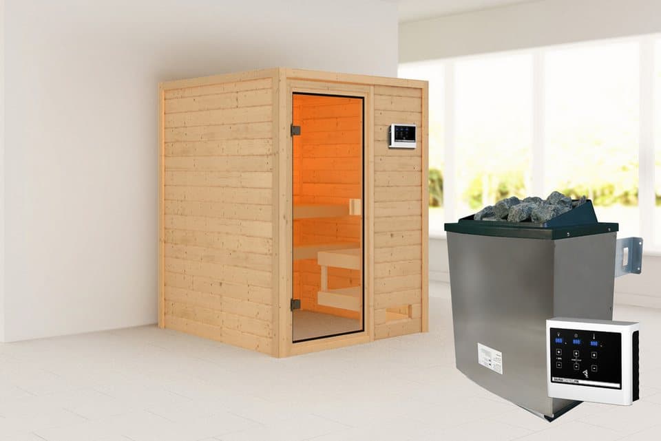 Karibu Sauna "Sandy" mit bronzierter Tür SET, naturbelassen, mit Ofen 9 kW, BxTxH: 145 x 145 x 187 cm, 38 mm, aus hochwertiger nordischer Fichte