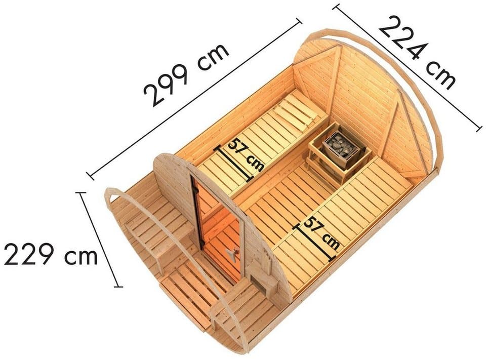 Karibu Fasssauna naturbelassen mit Ofen 9 kW Bio ext. Strg., BxTxH: 225 x 295 x 229 cm, 38 mm, Ofen 9 kW Bio externe Strg easy - Thumbnail 11