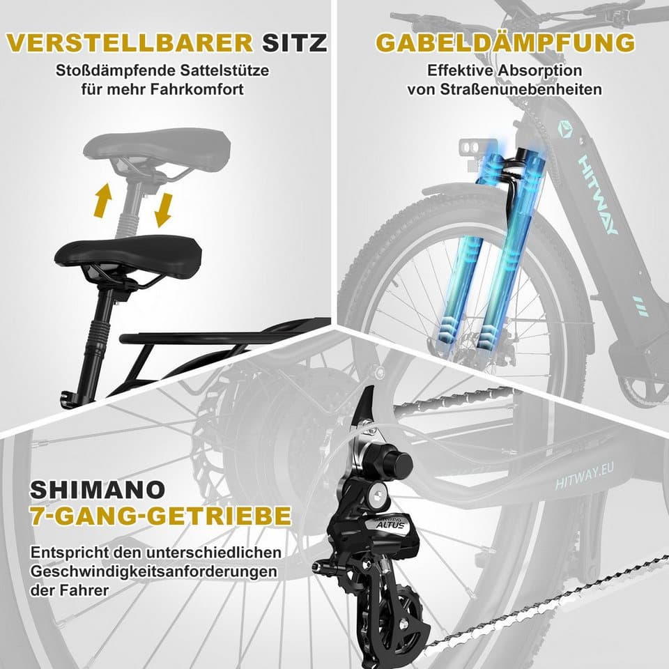 HITWAY E-Bike Pedelec 26 *3,0 zoll Elektrofahrrad mit Samsung 48V18Ah Akku bis zu 120km, 7 Gang shimano shimano Schaltwerk, Kettenschaltung, Heckmotor, 864 Wh, StVZO Pedelec, Tiefeinstieg für Damen Herren mit APP Funktion - Thumbnail 5