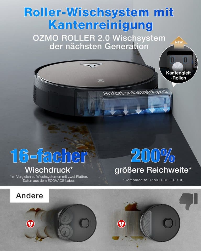 ECOVACS Saugroboter mit Wischfunktion DEEBOT X11 OmniCyclone, 19.500 Pa, 18 l/s Luftstrom, 110 W, beutellos, Schnellladefunktion, Wischrolle, beutellos - Thumbnail 5
