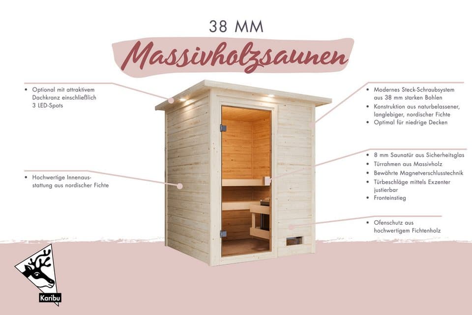 Karibu Sauna "Sandy" mit bronzierter Tür und Kranz, naturbelassen, BxTxH: 173 x 159 x 191 cm, 38 mm, aus hochwertiger nordischer Fichte - Thumbnail 2
