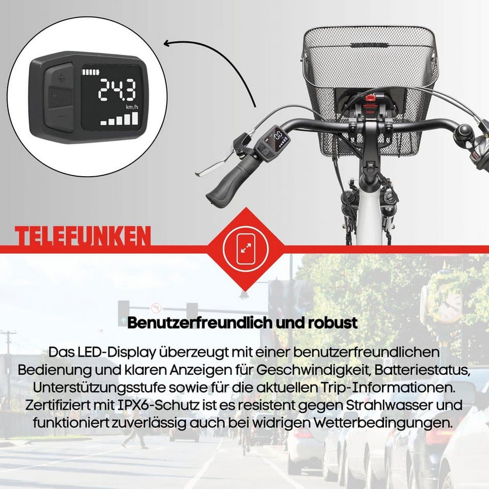 Telefunken E-Bike Cityrad Multitalent RC822, 7 Gang Shimano Tourney Schaltwerk, Kettenschaltung, Frontmotor, 531,3 Wh, (Beleuchtung, Straßenzulassung, ca. 100 km Reichweite, 2 V-Bremsen), Elektrofahrrad, Damen Herren, 28 Zoll, 36,9 V, 531,3 Wh Akku, Pedelec - Thumbnail 8