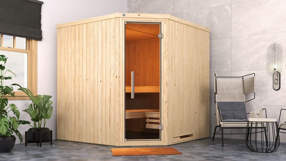 weka Sauna Element-Ecksauna VARBERG 3, BxTxH: 194 x 194 x 199 cm, 38 mm, vorgefertigte Elemente, moderne Ganzglastür - Thumbnail 2