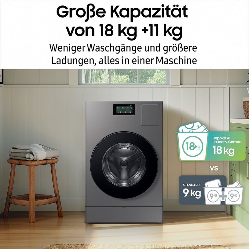 Samsung Waschtrockner WD8000DK WD18DB8995BZT2, 18 kg, 11 kg, 1000 U/min, Trommelreinigung+, Breite 75 cm, Tiefe 92cm, Höhe 111 cm - Thumbnail 5