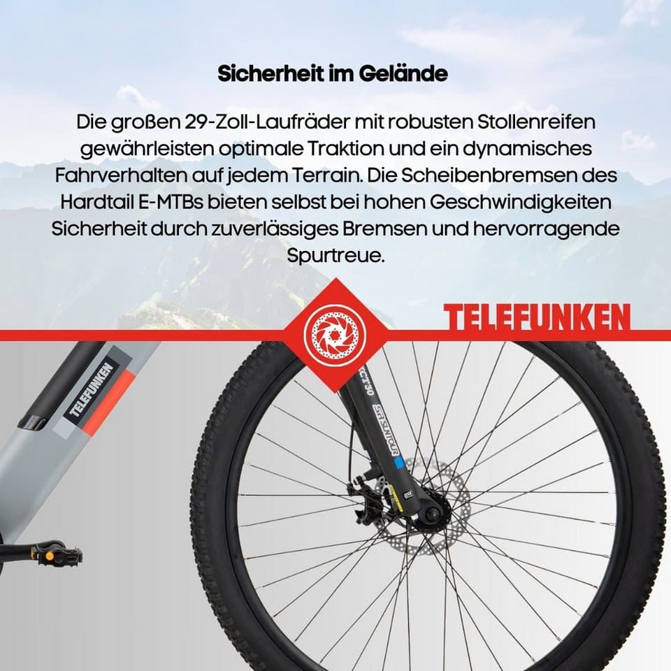 Telefunken E-Bike Mountainbike Aufsteiger M921, 7 Gang Shimano, Kettenschaltung, Heckmotor, 468 Wh, (29 Zoll, Scheibenbremsen), Pedelec, Elektrofahrrad für Damen u. Herren, MTB - Thumbnail 10