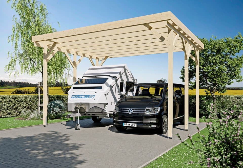 KONIFERA Doppelcarport Pluto I, BxT: 600x500 cm, 352 cm Einfahrtshöhe, für Wohnmobile, Leimholz naturbelassen, PET-Flachdach lichtdurchlässig - Bild 1