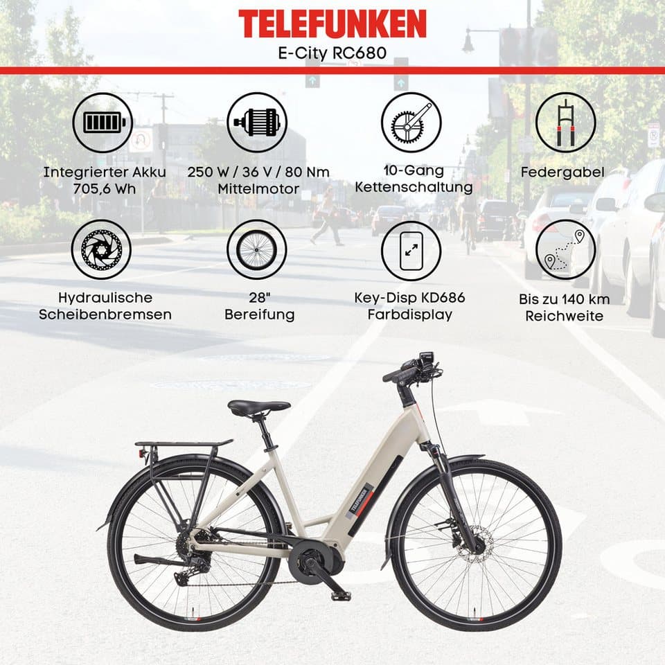 Telefunken E-Bike Cityrad Multitalent RC680, 10 Gang Shimano, Kettenschaltung, Mittelmotor, 705,6 Wh, (28 Zoll, Straßenzulassung, Scheibenbremsen), Pedelec, Elektrofahrrad für Damen u. Herren - Thumbnail 7