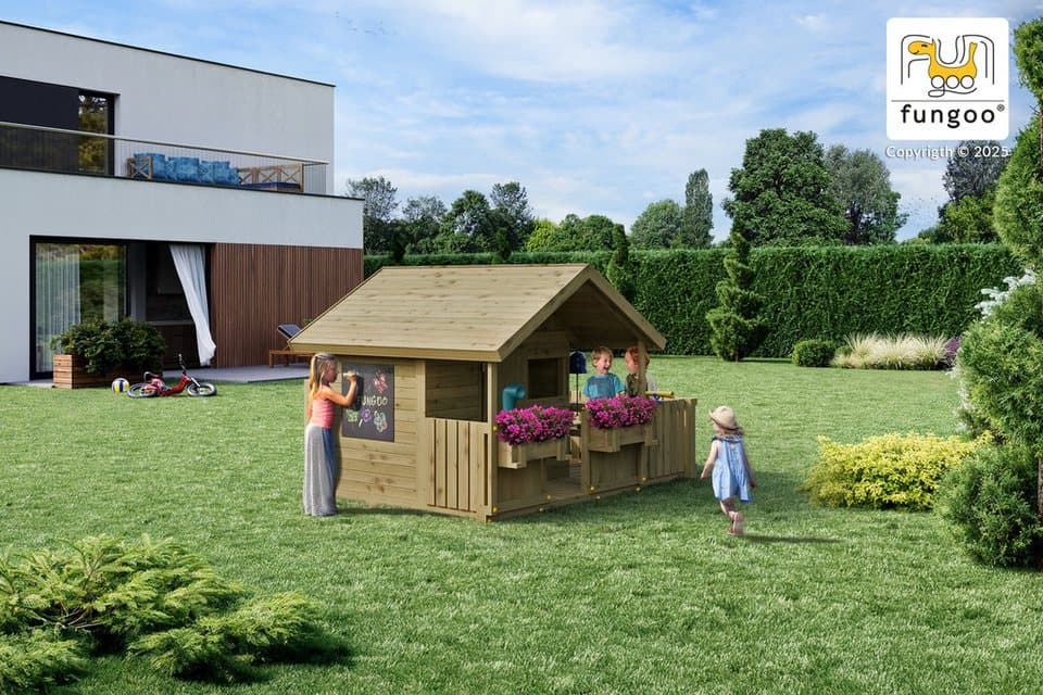 FUNGOO Spielhaus SUNNY BANDCORNER, mit großer Terrasse und Picknicktisch, Tafel, Periskop - Thumbnail 8
